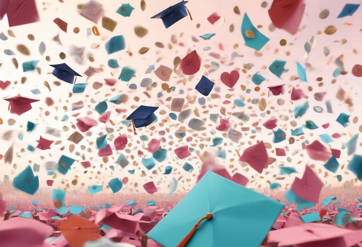 A heart-shaped graduation cap symbolizes love and ambition, surrounded by bills, coins, and motivational quotes floating in the air. In the background, a diverse group of students celebrates their scholarships with joy and hope for the future. Soft, pastel colors bring warmth to the scene. vibrant colors. 3D.