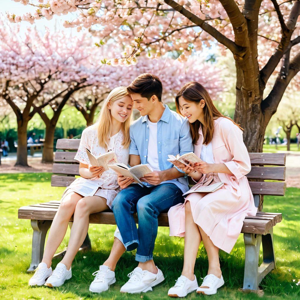 A serene scene of a young couple sitting on a park bench, surrounded by blooming cherry blossom trees, with books and scholarship application papers scattered around them. The couple is smiling and sharing ideas, symbolizing love and support in pursuing dreams. Soft sunlight filters through the blossoms, creating a warm and romantic atmosphere. watercolor style, pastel colors, dreamy background.